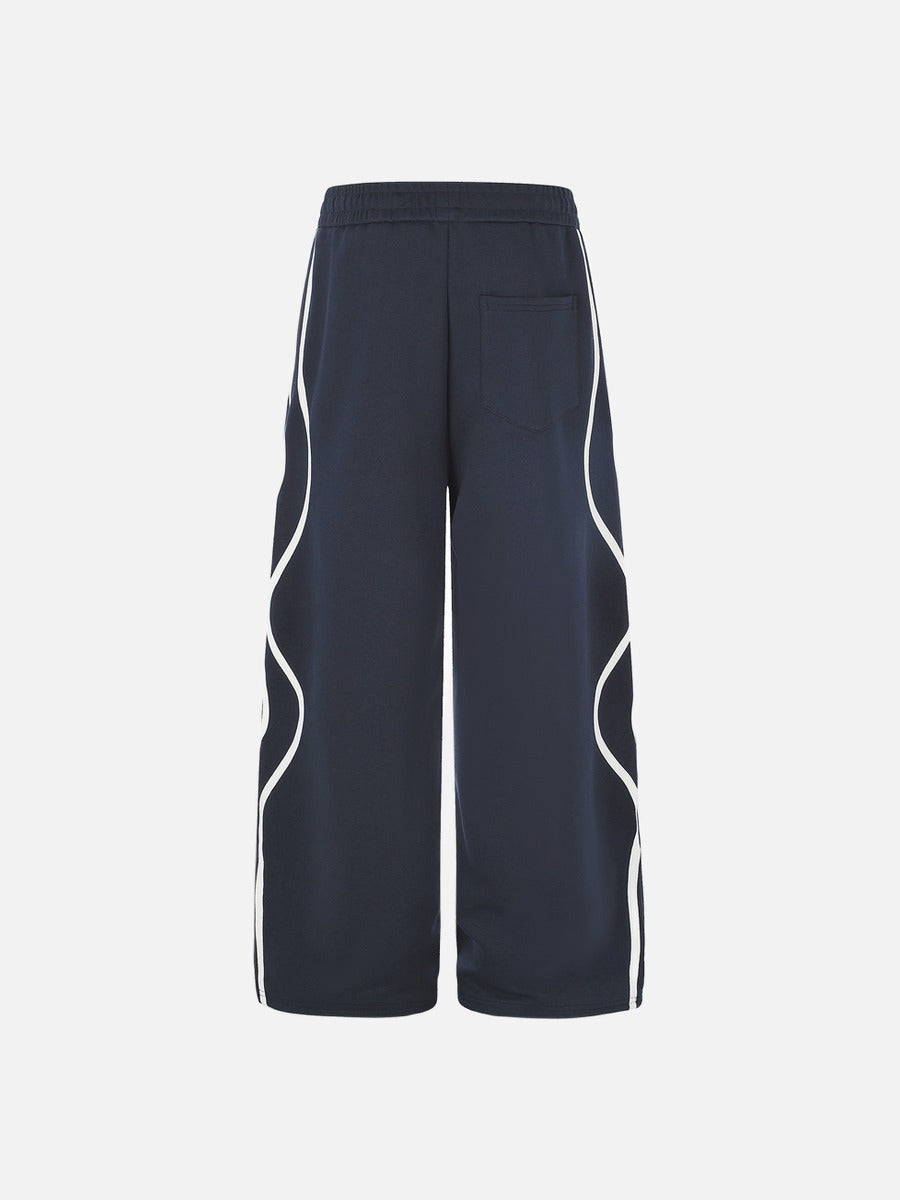 Navy Blue Wide-Leg Track Pants with Wavy Stripes