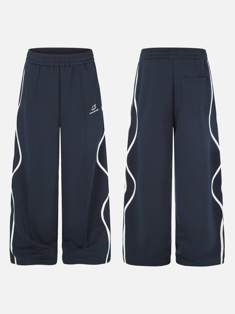 Navy Blue Wide-Leg Track Pants with Wavy Stripes