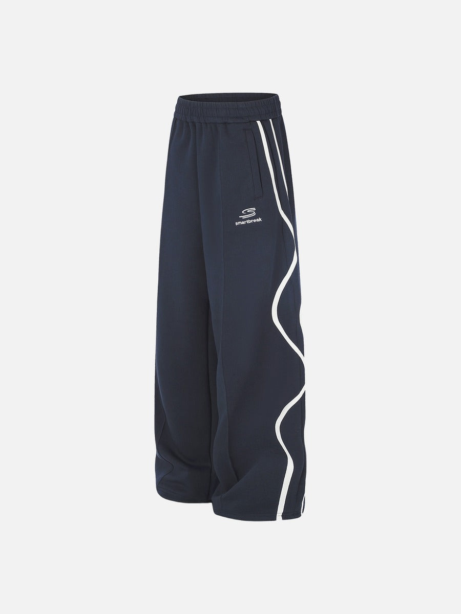 Navy Blue Wide-Leg Track Pants with Wavy Stripes