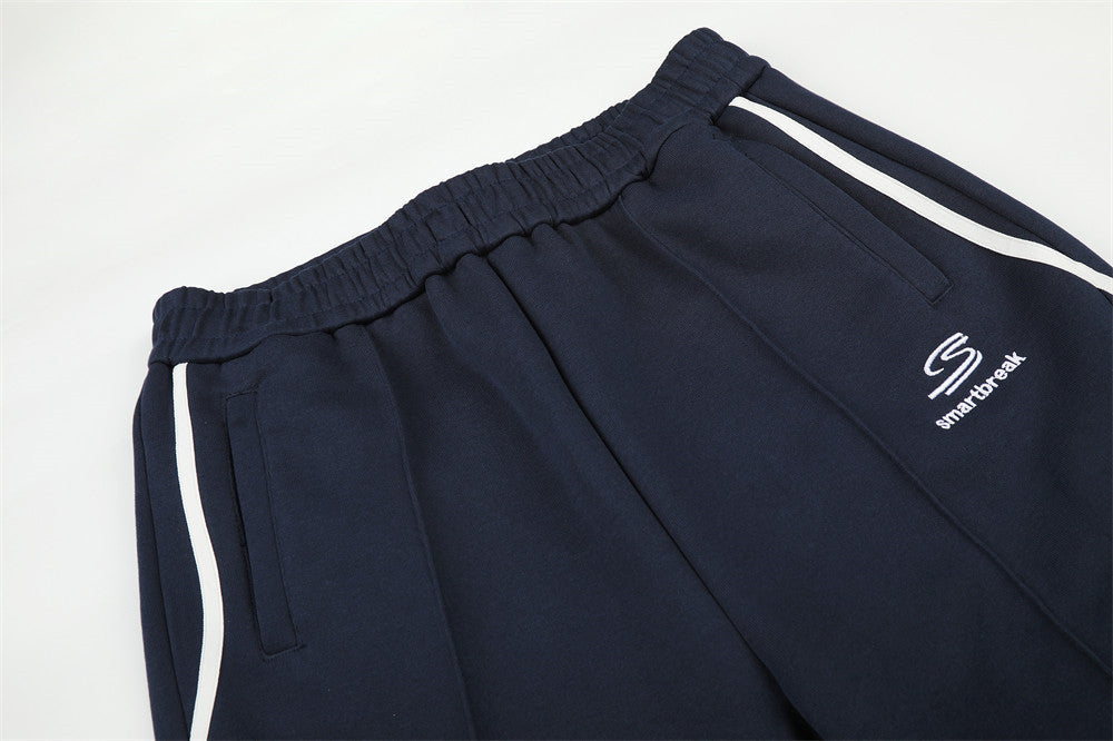 Navy Blue Wide-Leg Track Pants with Wavy Stripes