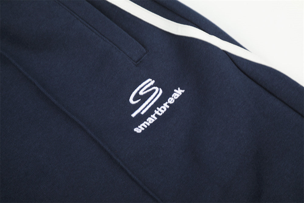 Navy Blue Wide-Leg Track Pants with Wavy Stripes
