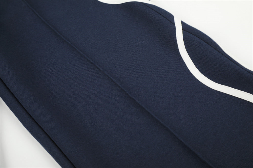 Navy Blue Wide-Leg Track Pants with Wavy Stripes