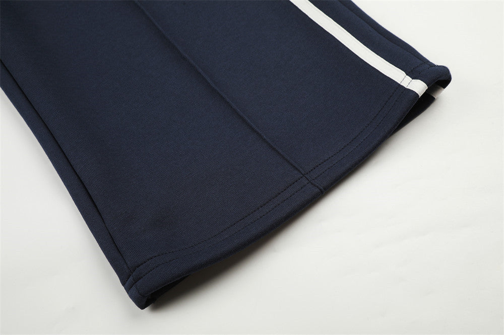 Navy Blue Wide-Leg Track Pants with Wavy Stripes