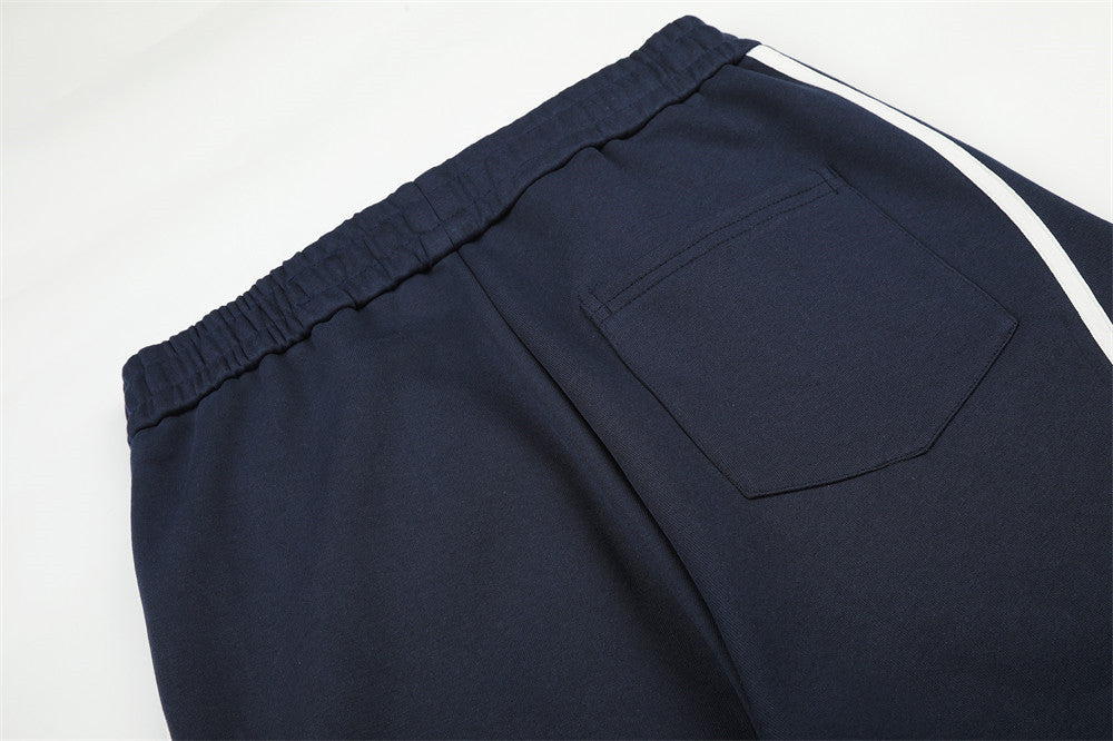 Navy Blue Wide-Leg Track Pants with Wavy Stripes