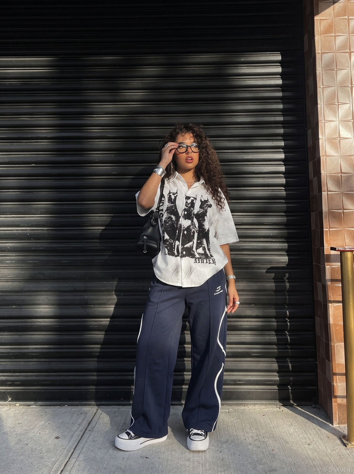 Navy Blue Wide-Leg Track Pants with Wavy Stripes