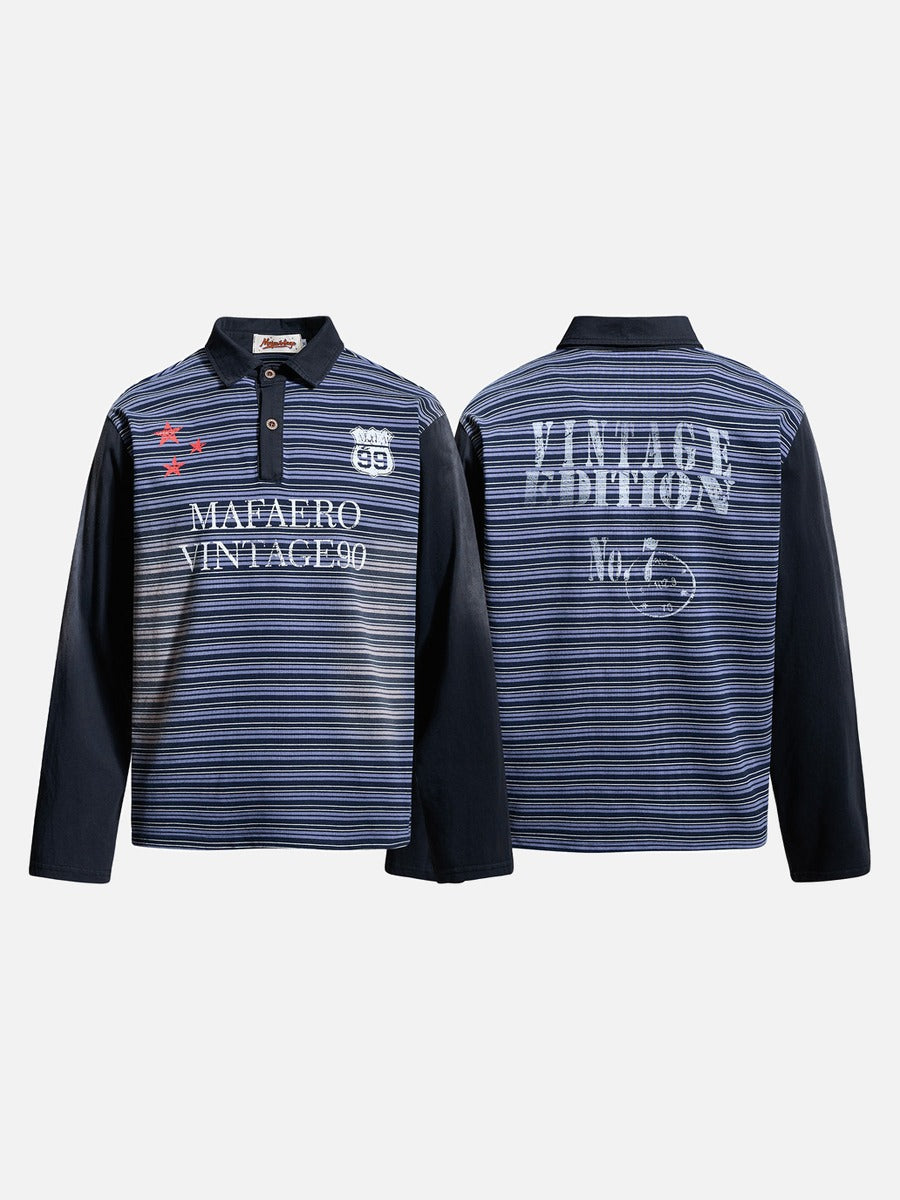 Navy Purple Striped Long Sleeve Polo Shirt