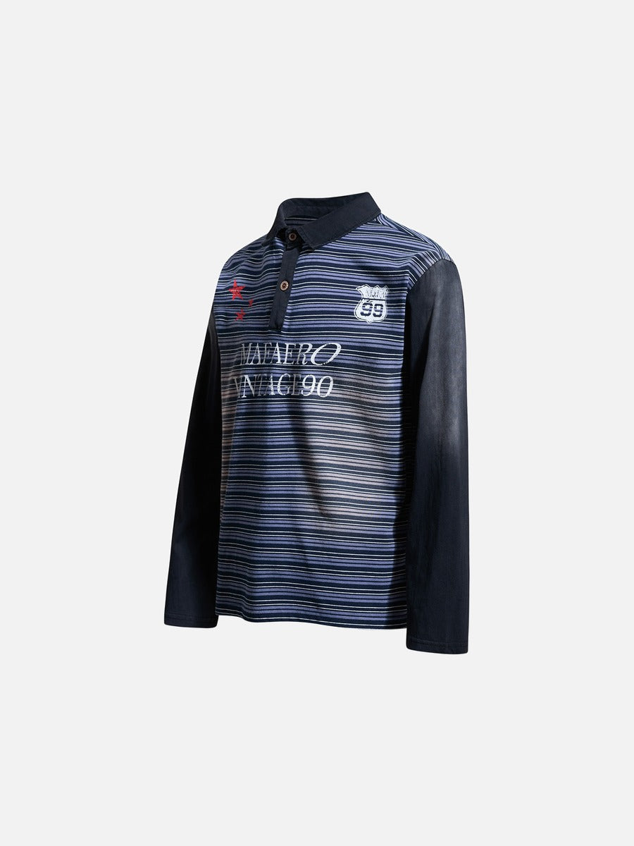 Navy Purple Striped Long Sleeve Polo Shirt