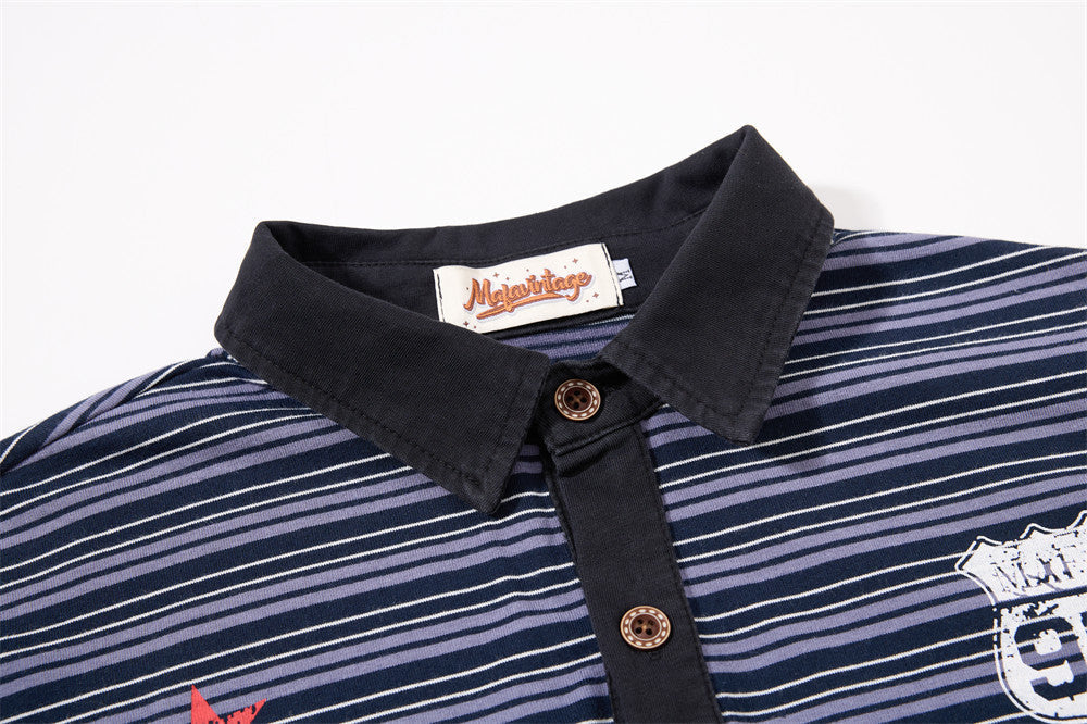 Navy Purple Striped Long Sleeve Polo Shirt