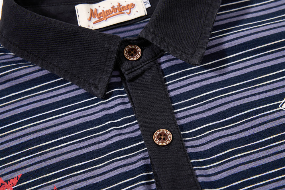 Navy Purple Striped Long Sleeve Polo Shirt