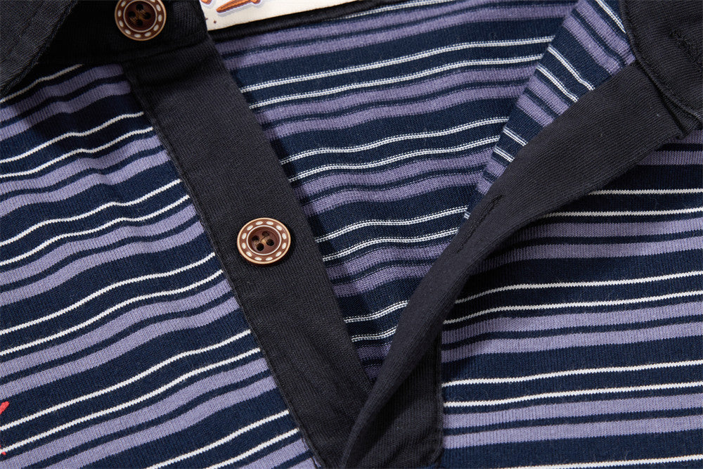 Navy Purple Striped Long Sleeve Polo Shirt