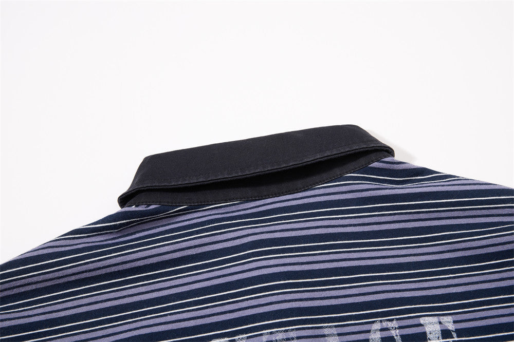 Navy Purple Striped Long Sleeve Polo Shirt