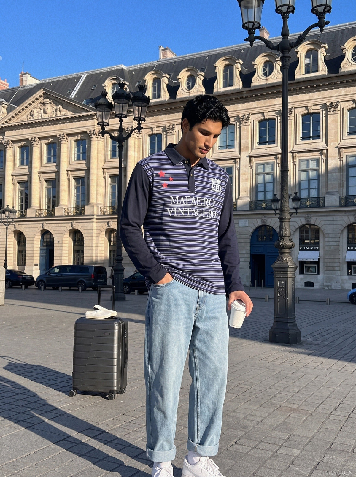 Navy Purple Striped Long Sleeve Polo Shirt