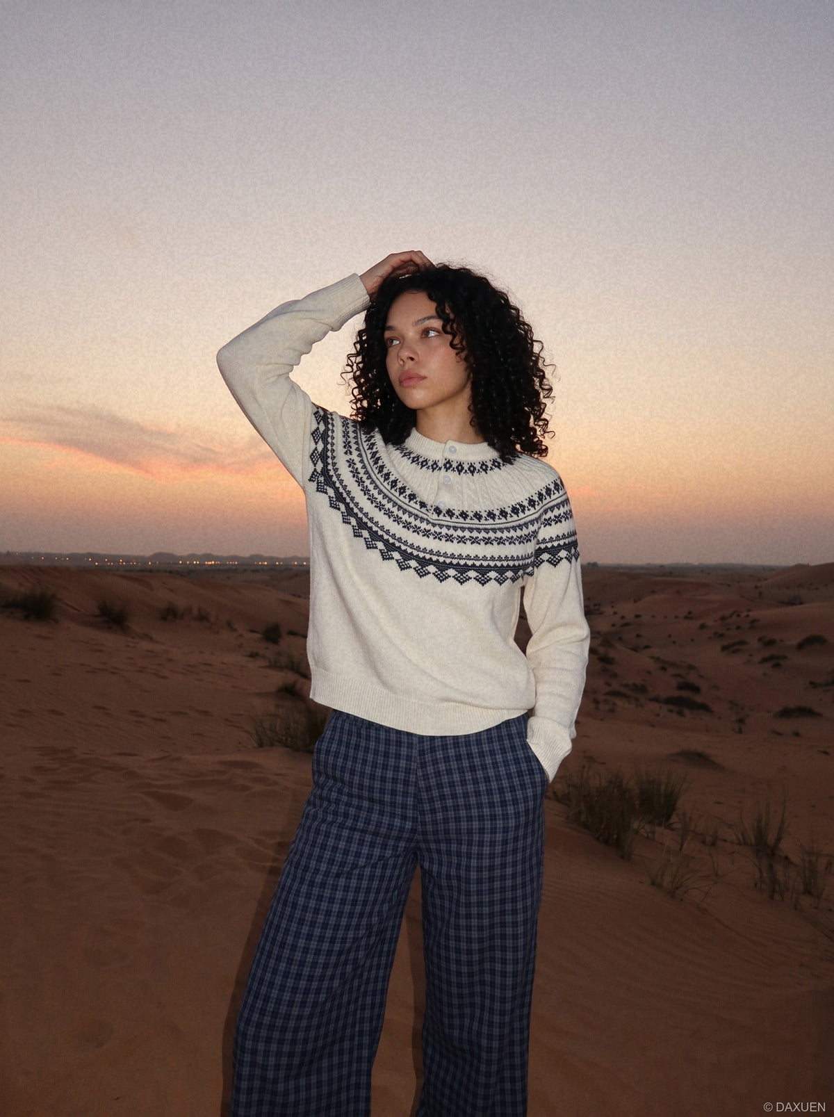 DAXUEN creamy white Nordic pattern pullover knit sweater — model photo