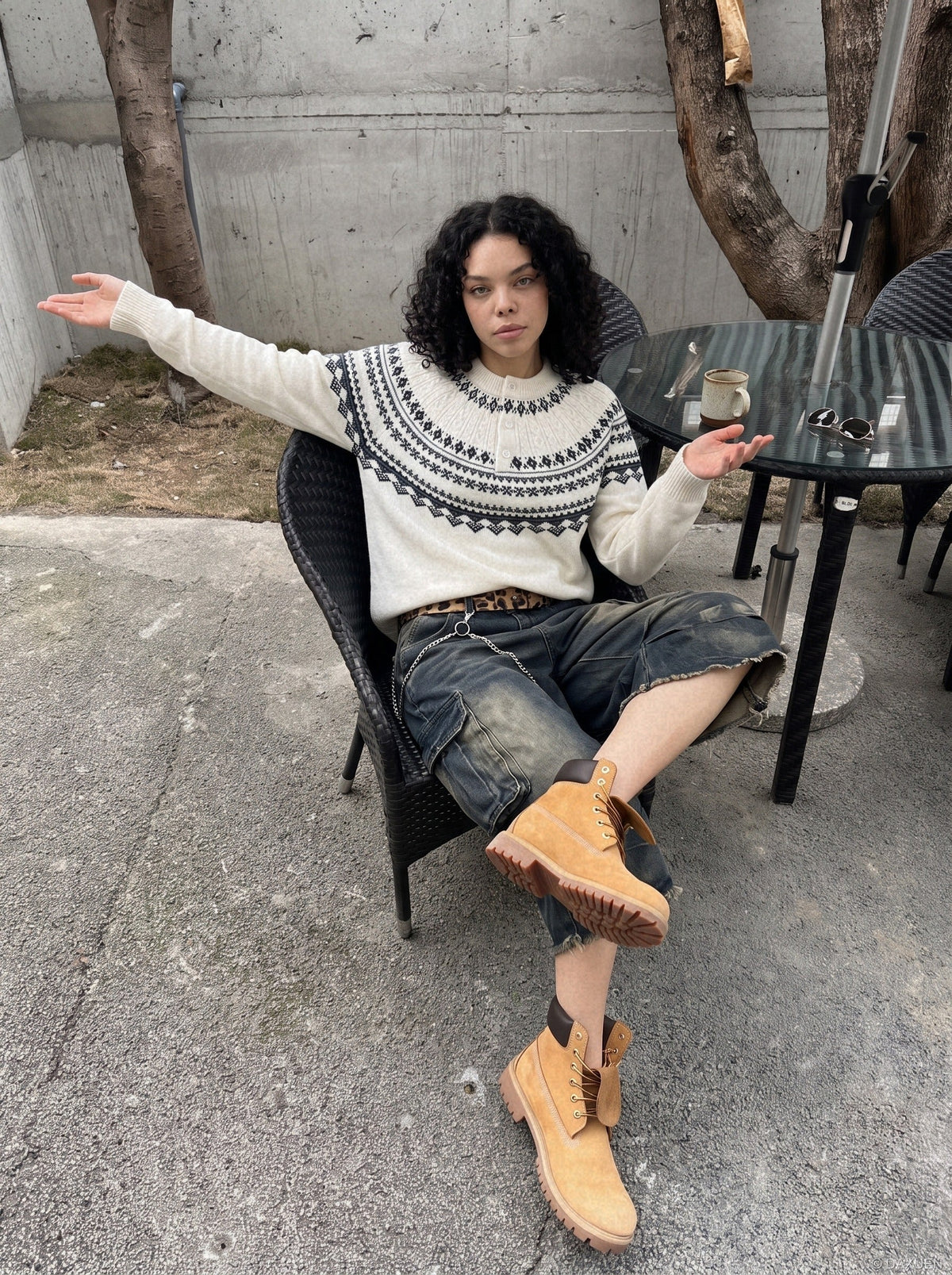 DAXUEN creamy white Nordic pattern pullover knit sweater — model photo