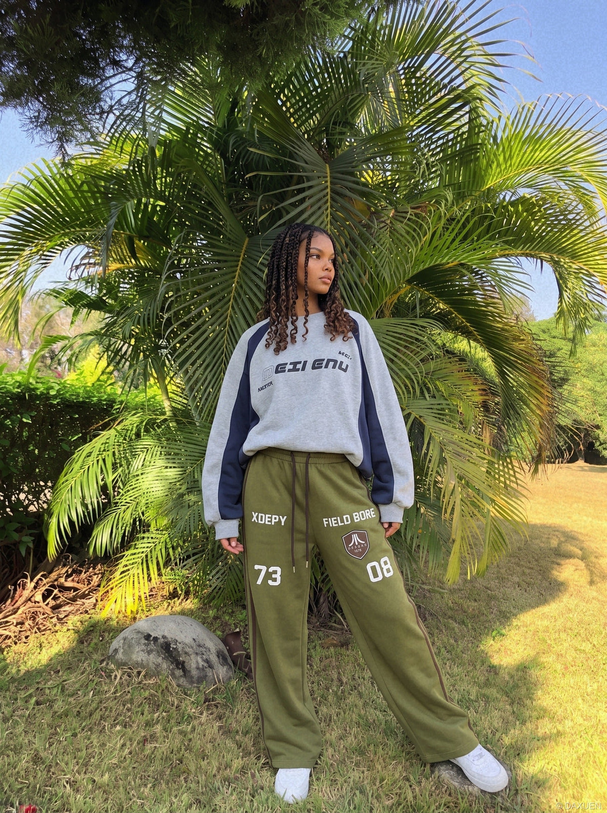 Olive Green Balloon Track Pants with Bold Graphics