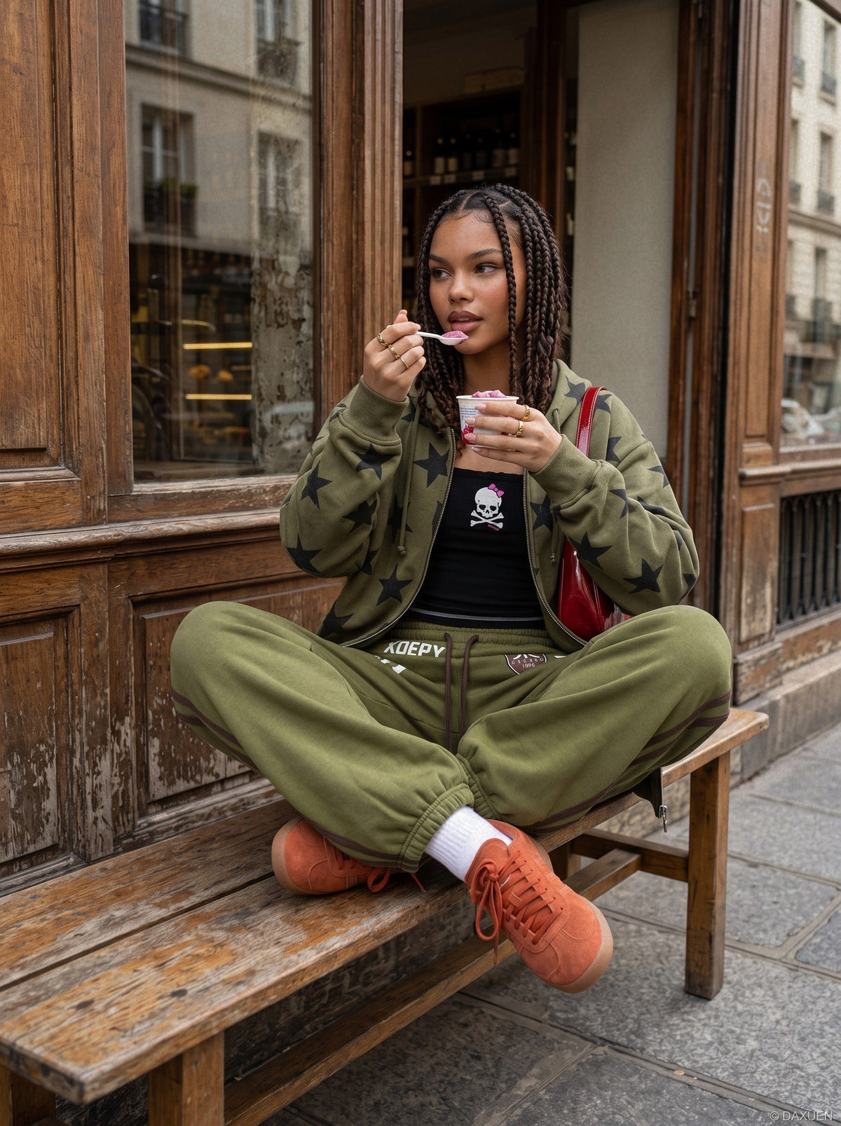 Olive Green Balloon Track Pants with Bold Graphics
