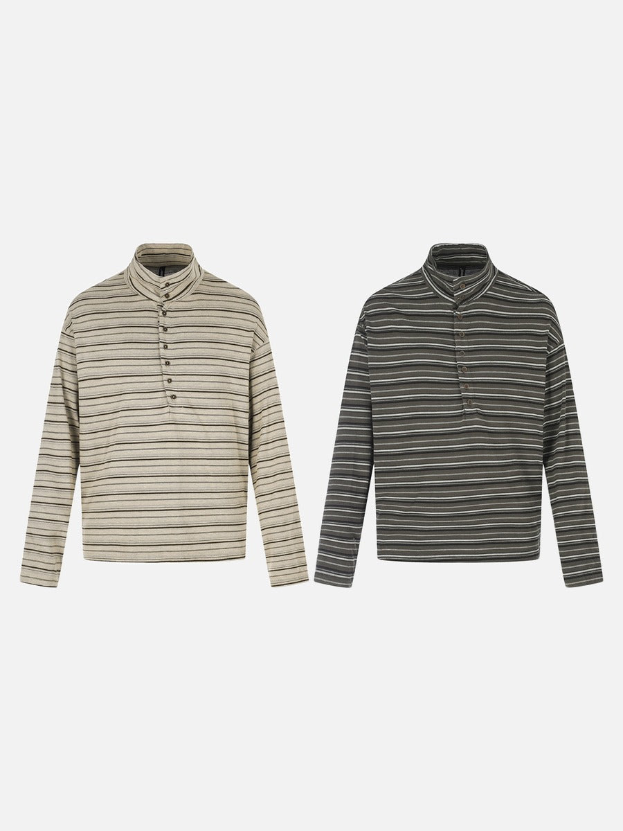 Olive Green Striped Mock Neck Long Sleeve Top