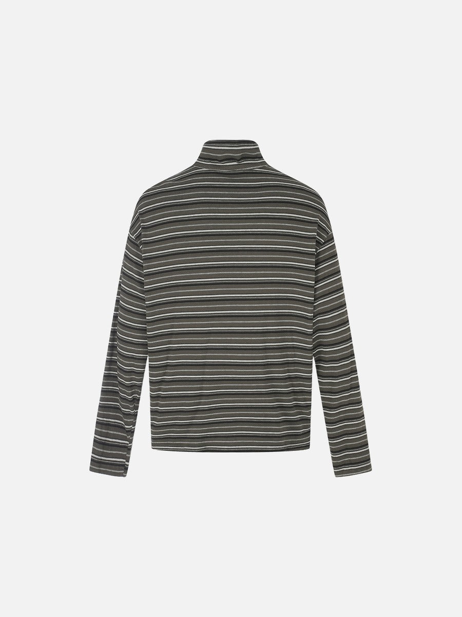 Olive Green Striped Mock Neck Long Sleeve Top