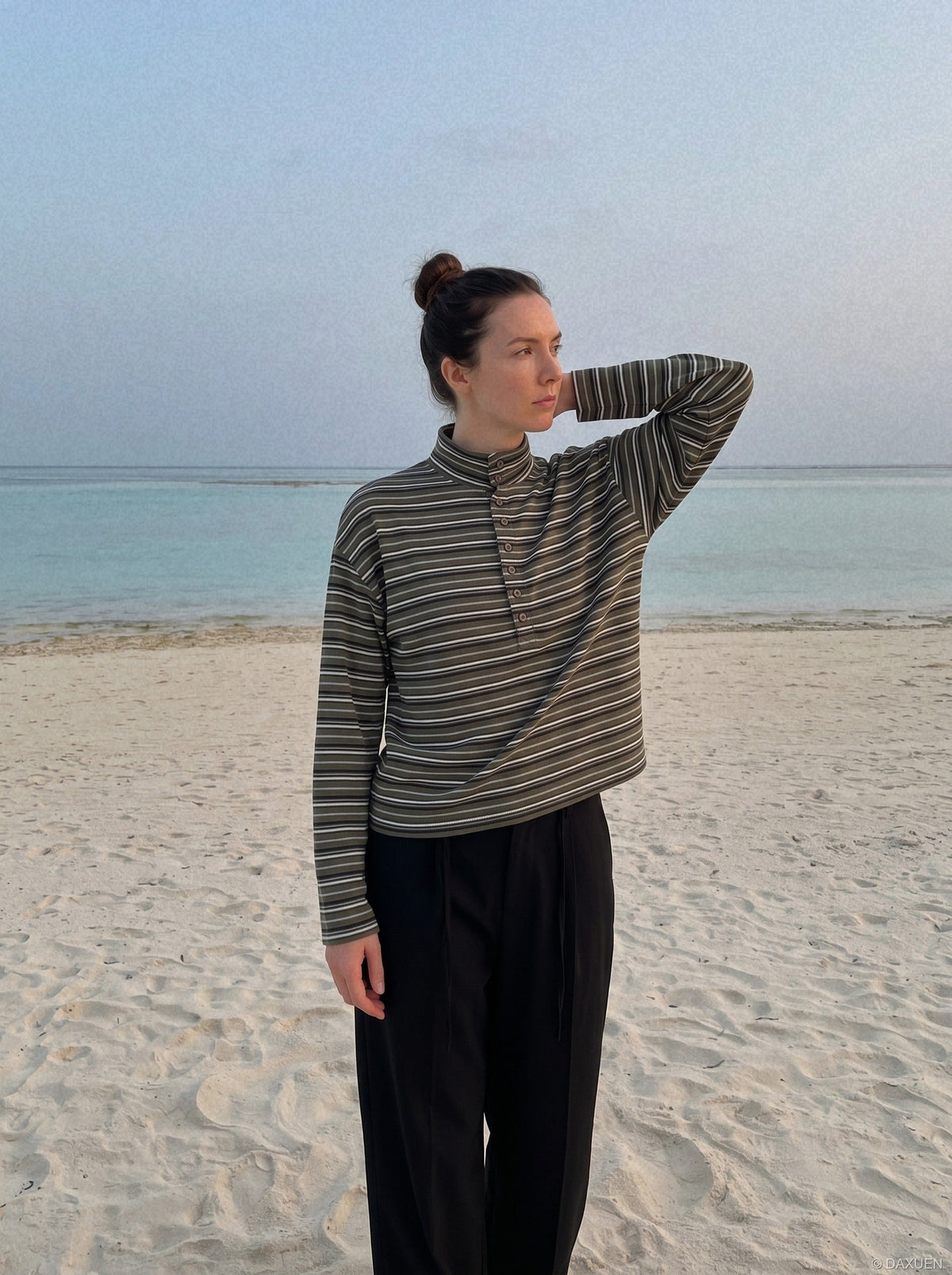 Olive Green Striped Mock Neck Long Sleeve Top