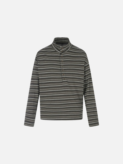 Olive Green Striped Mock Neck Long Sleeve Top - Gray Stripes / S