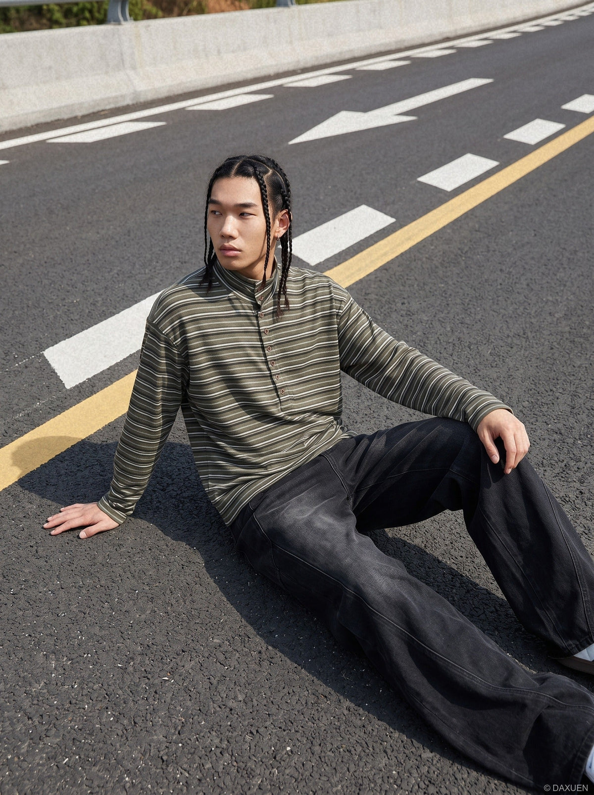 Olive Green Striped Mock Neck Long Sleeve Top