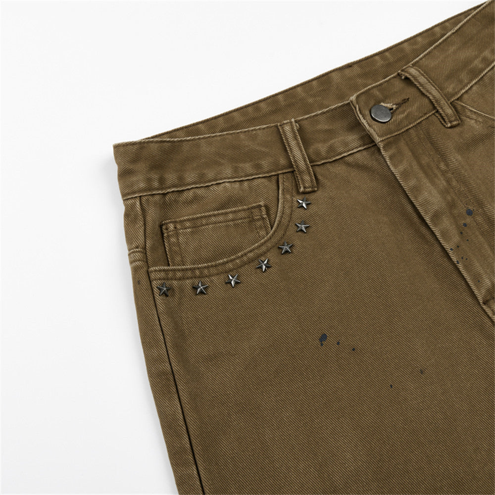 Paint-Splatter Flared Jeans with Star Studs