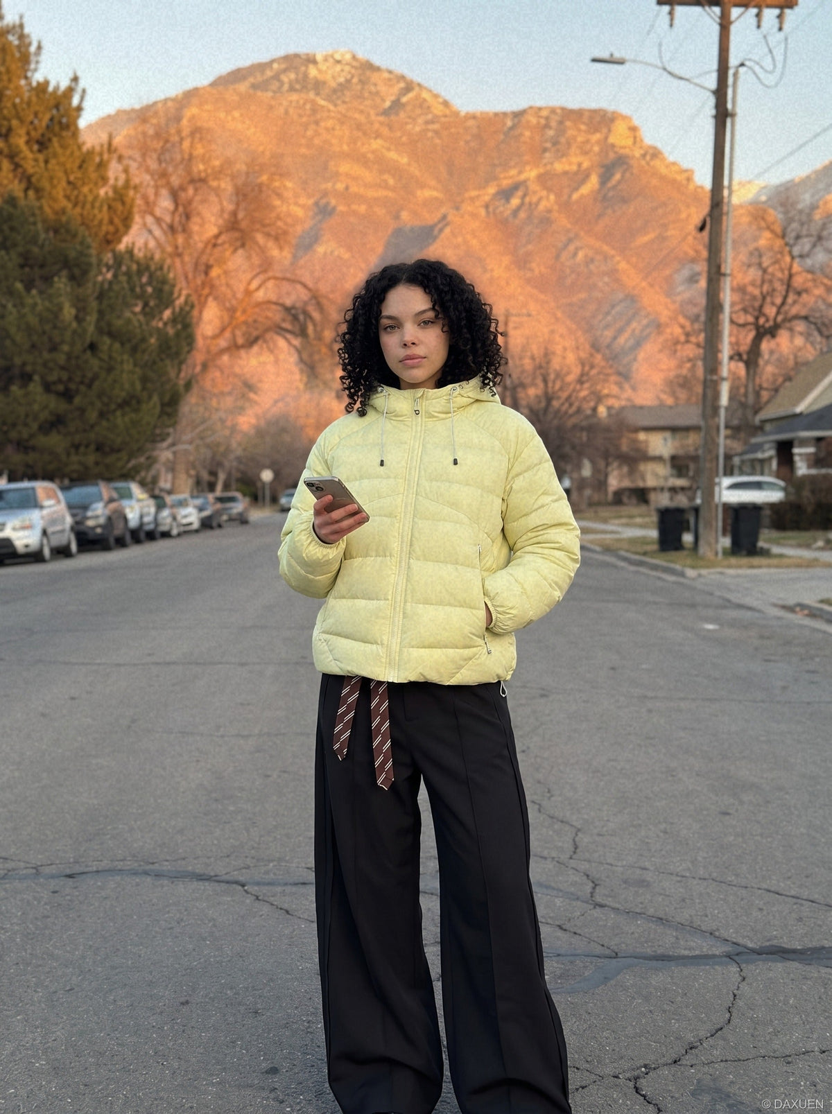 Pale Yellow Quilted Down Hooded Jacket