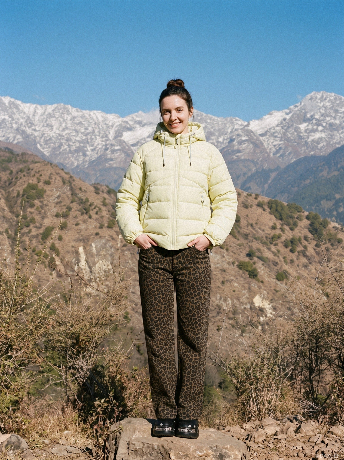 Pale Yellow Quilted Down Hooded Jacket
