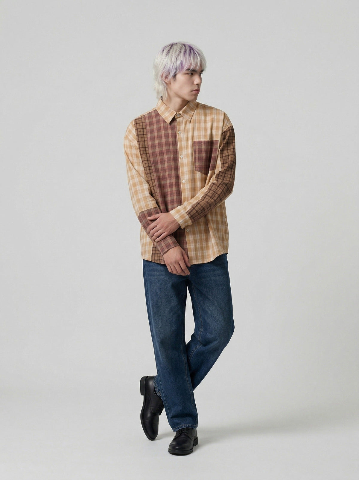 Langärmliges Hemd mit Patchwork-Karomuster