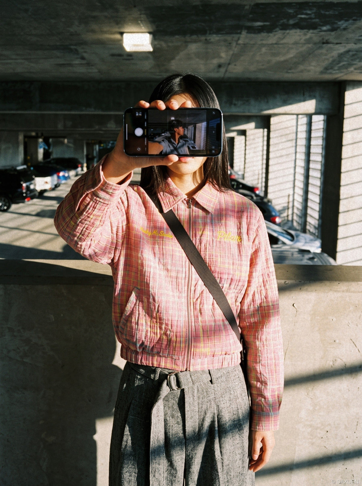 DAXUEN pink and blue plaid bomber jacket — model photo