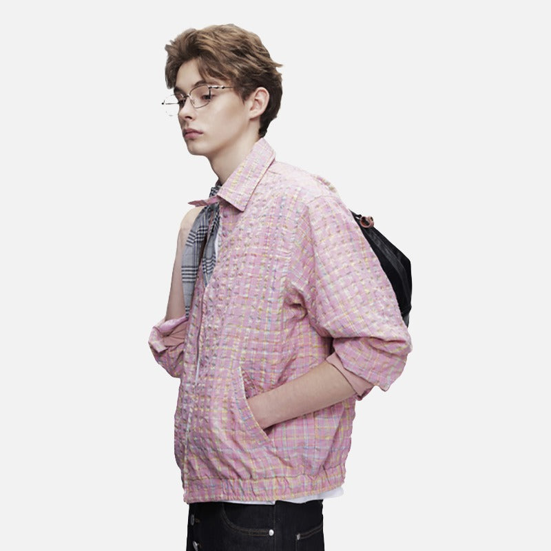 DAXUEN pink and blue plaid bomber jacket