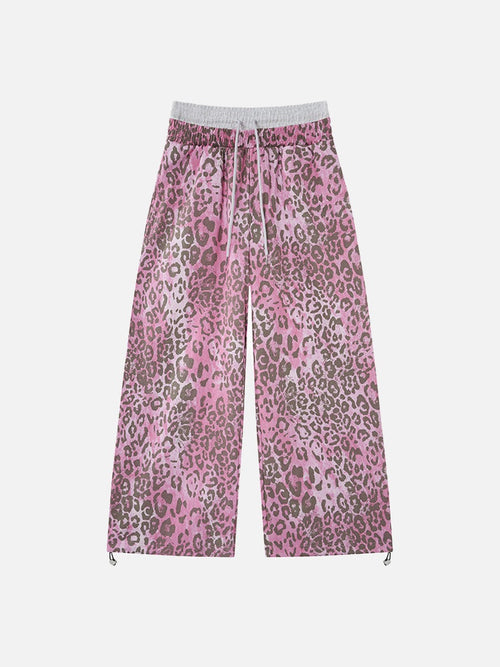 Pink and Brown Leopard Print Wide-Leg Trousers - Pink / M