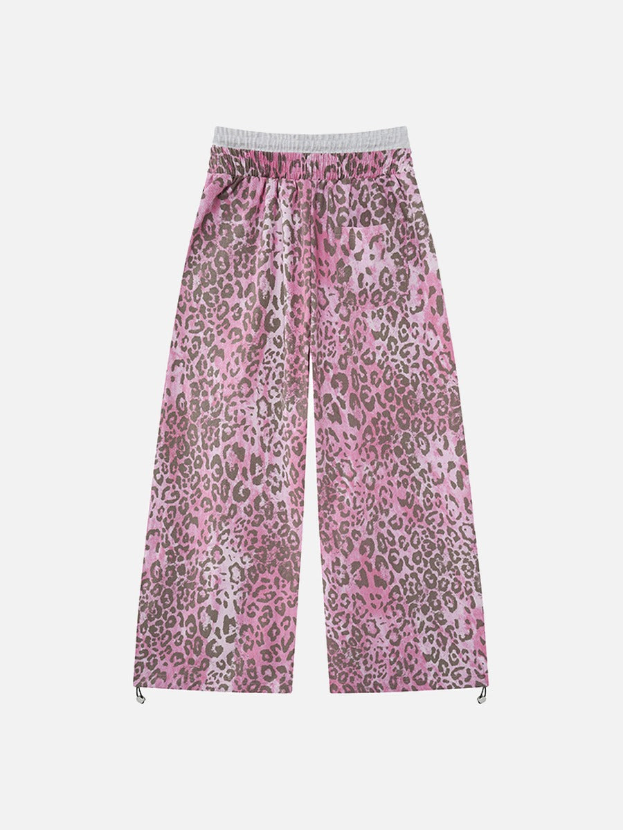 Pink and Brown Leopard Print Wide-Leg Trousers