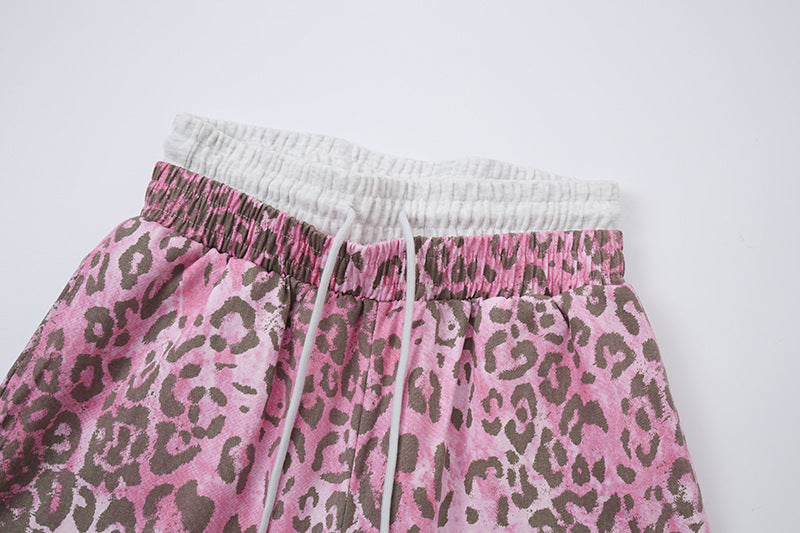 Pink and Brown Leopard Print Wide-Leg Trousers
