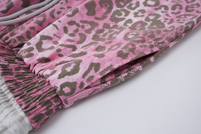 Pink and Brown Leopard Print Wide-Leg Trousers