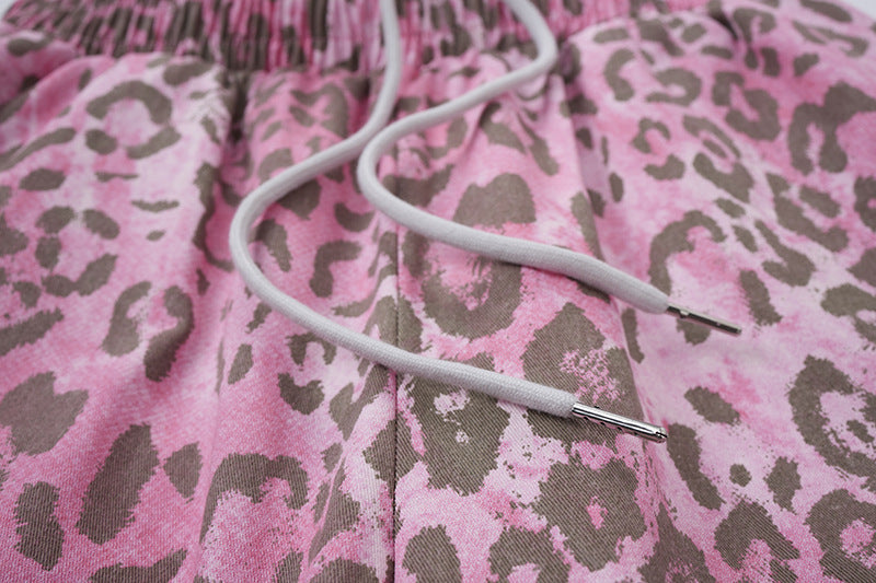 Pink and Brown Leopard Print Wide-Leg Trousers