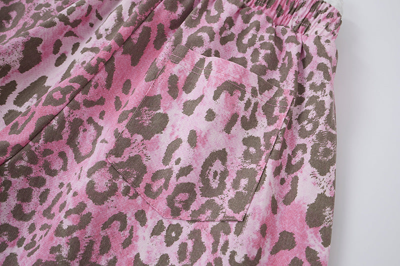 Pink and Brown Leopard Print Wide-Leg Trousers
