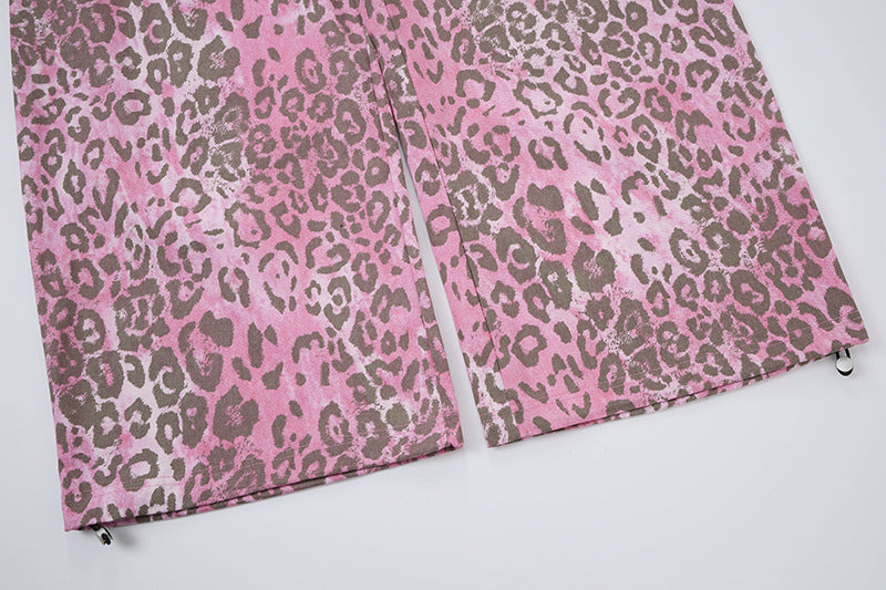 Pink and Brown Leopard Print Wide-Leg Trousers