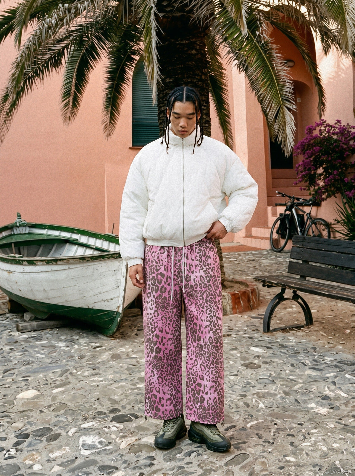 Pink and Brown Leopard Print Wide-Leg Trousers