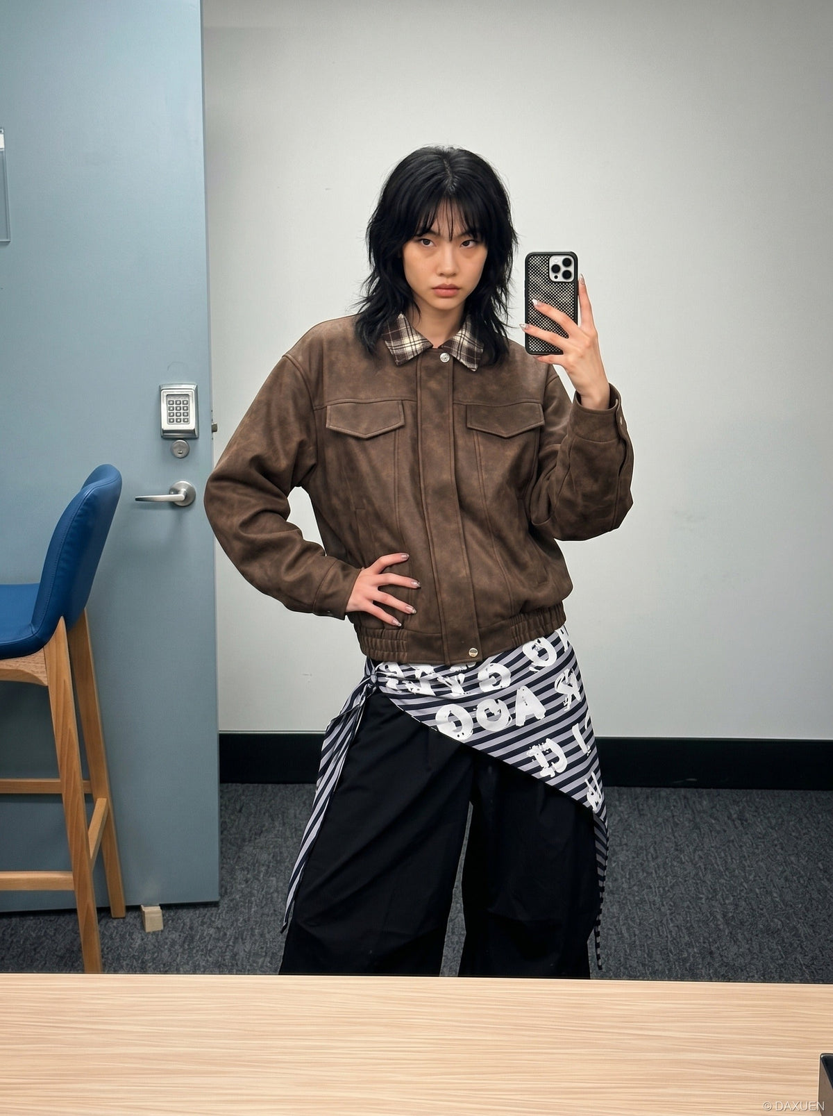 DAXUEN brown plaid-collared bomber jacket — model photo