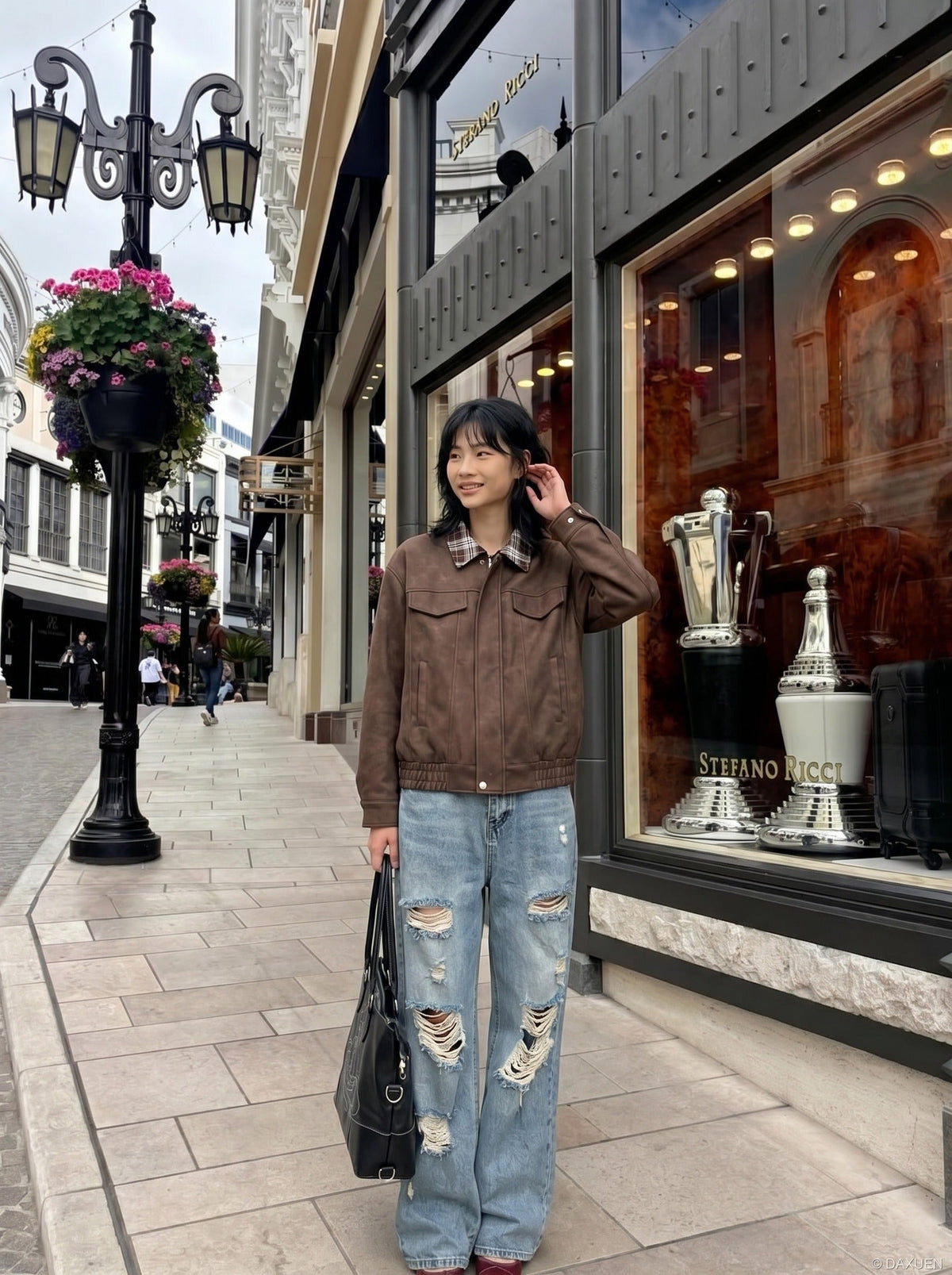 DAXUEN brown plaid-collared bomber jacket — model photo