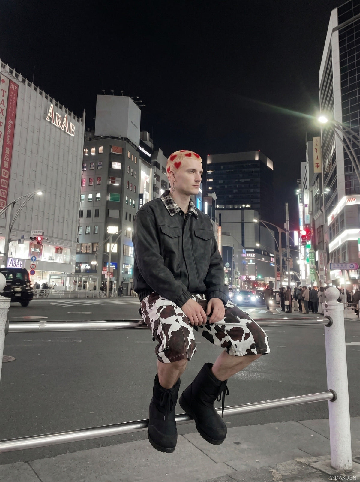 DAXUEN brown plaid-collared bomber jacket — model photo