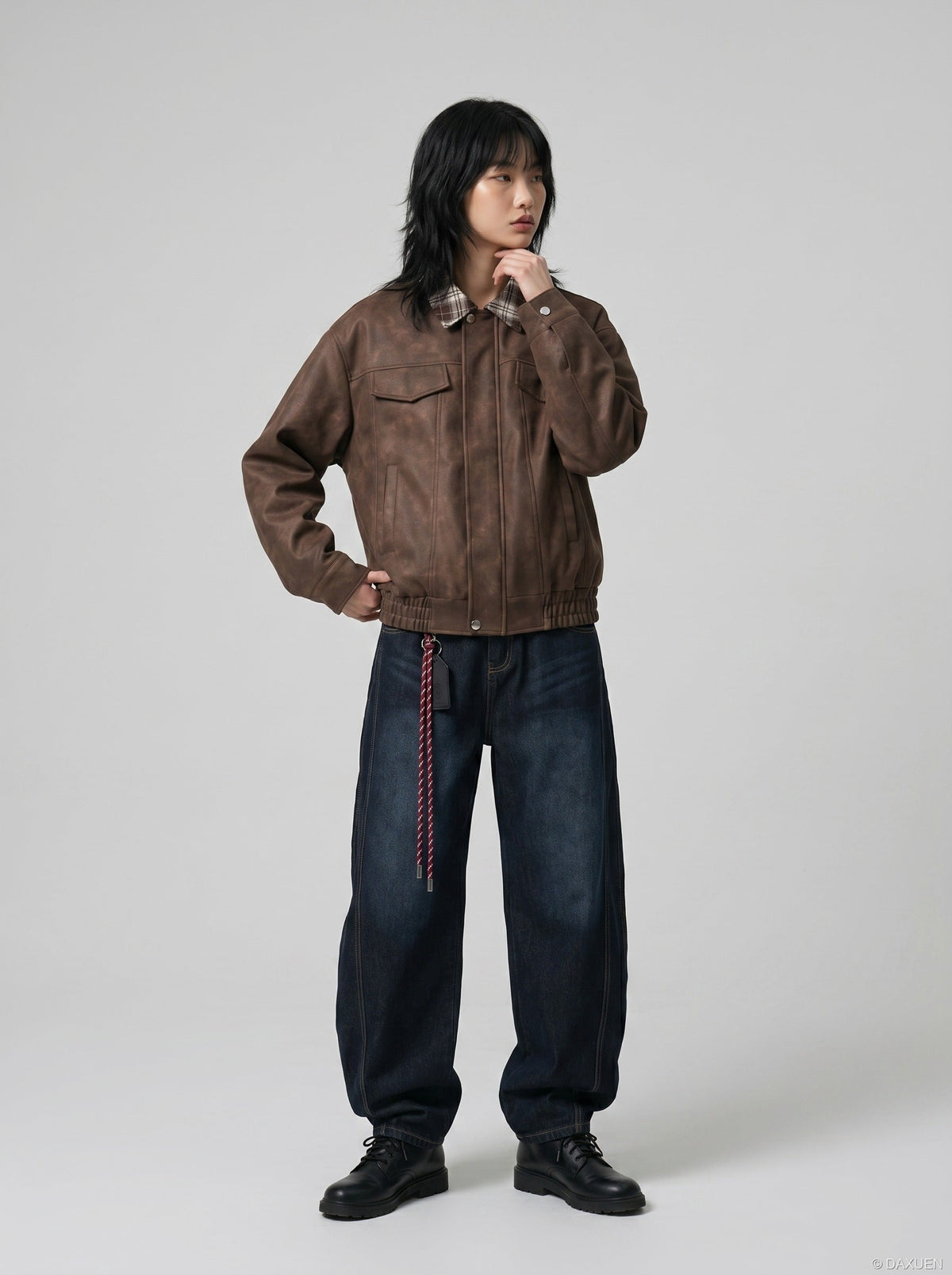 DAXUEN brown plaid-collared bomber jacket — model photo