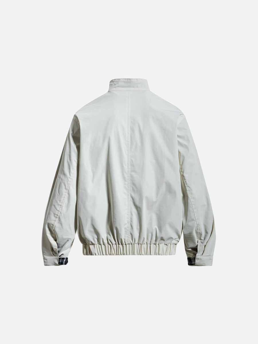 Plaid-Lined Cream Relaxed Bomber Jacket