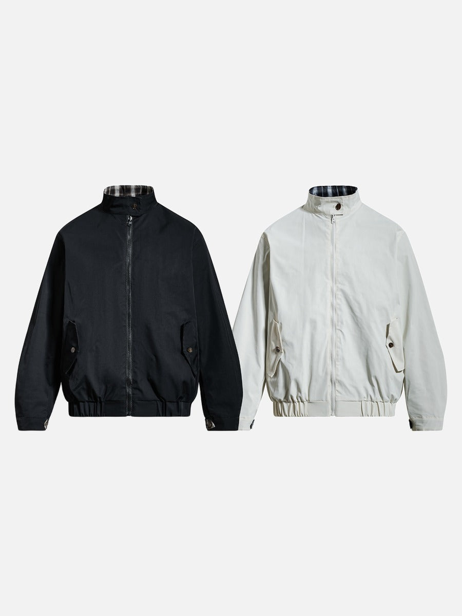 Plaid-Lined Cream Relaxed Bomber Jacket