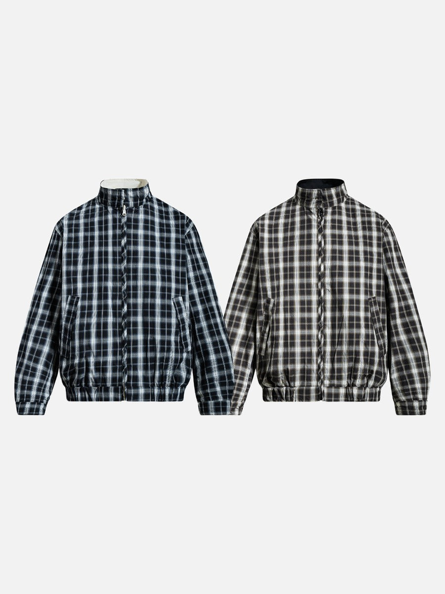 Plaid-Lined Cream Relaxed Bomber Jacket