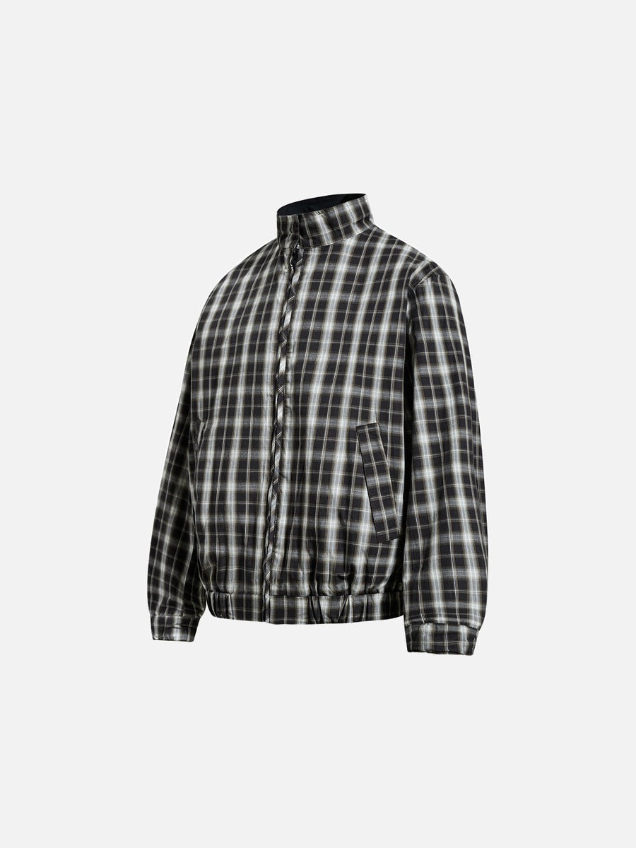 Plaid-Lined Cream Relaxed Bomber Jacket