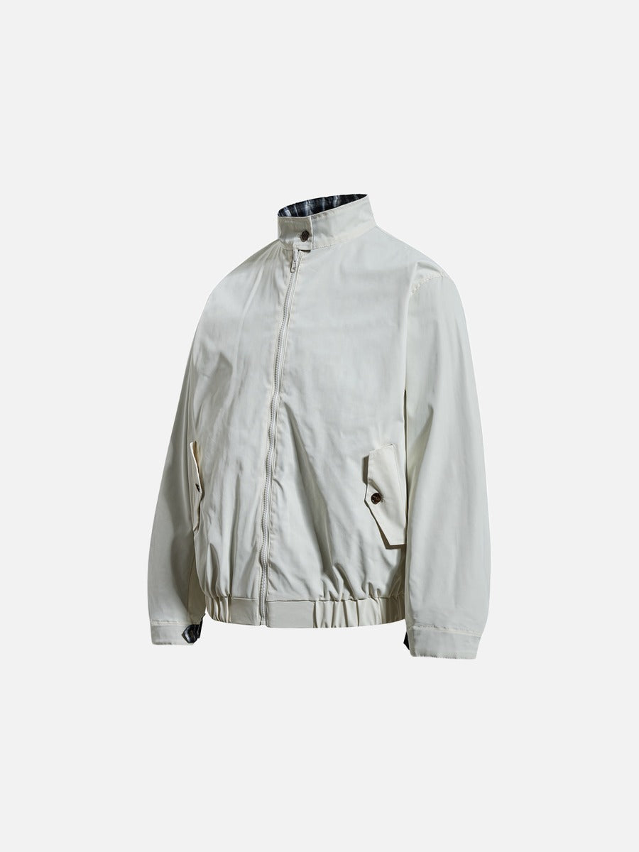 Plaid-Lined Cream Relaxed Bomber Jacket