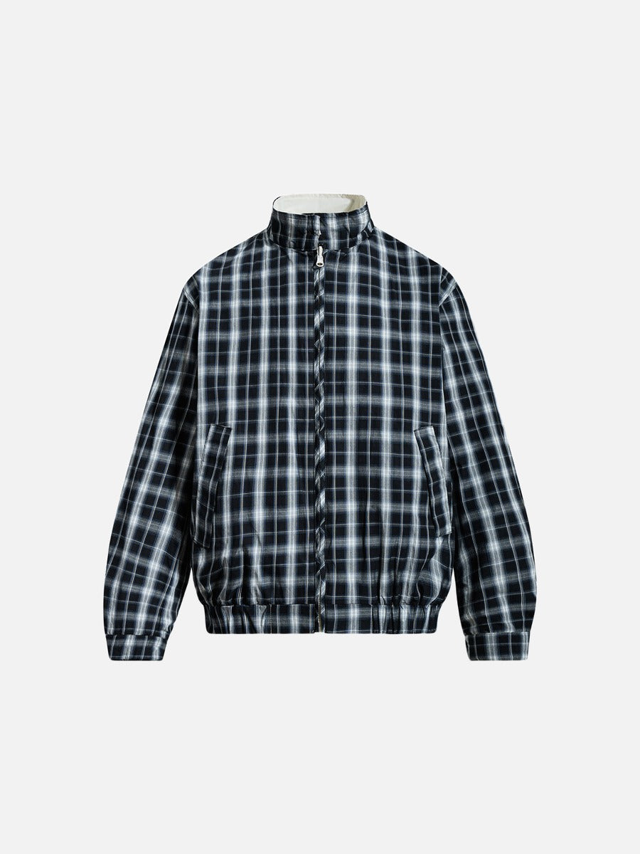 Plaid-Lined Cream Relaxed Bomber Jacket