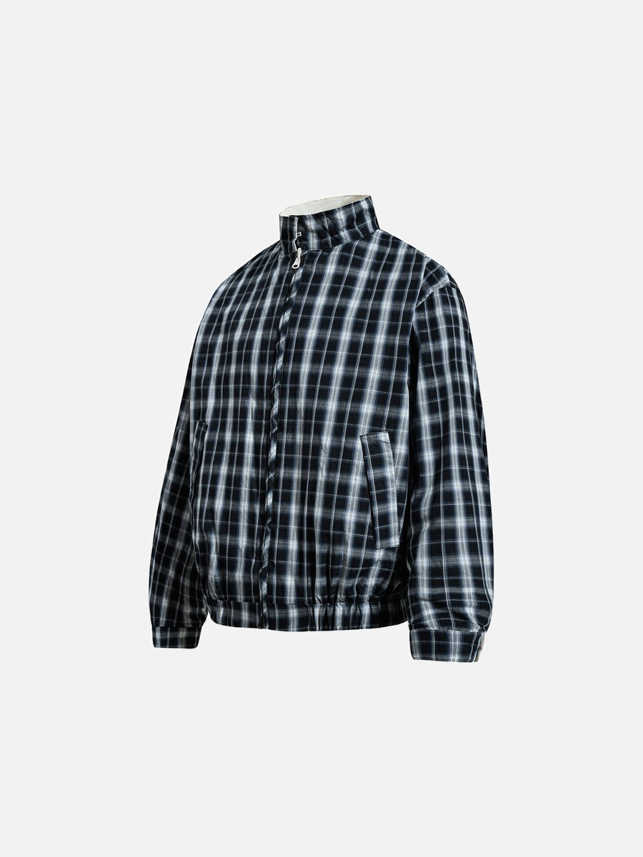 Plaid-Lined Cream Relaxed Bomber Jacket